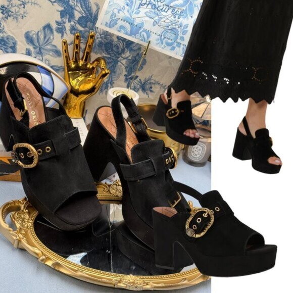 🆕 KURT GEIGER LONDON 🧿 NWOB Mayfair Platform Sling Mules, Black Suede - Sz 7.5 - Picture 1 of 12